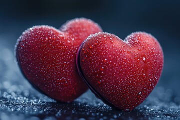 Fototapeta premium A pair of bright red hearts sitting on a snowy surface, perfect for winter or Valentine's Day themes