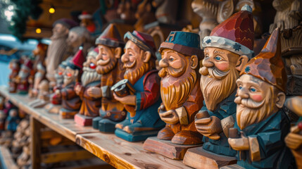 Colorful wooden gnome figurines displayed on a shelf at a craft market during the winter holiday season