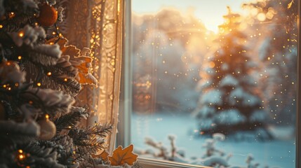 Snowy winter scene viewed through a window with a decorated Christmas tree.