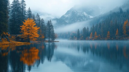 Fototapeta premium Serene autumn landscape with vibrant trees reflecting in a tranquil lake amidst misty mountains.