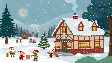 A cozy, snow-covered village is bustling with activity as festive elves prepare for Christmas. Santa's workshop is adorned with lights, and a crescent moon illuminates the serene winter night. AI gene