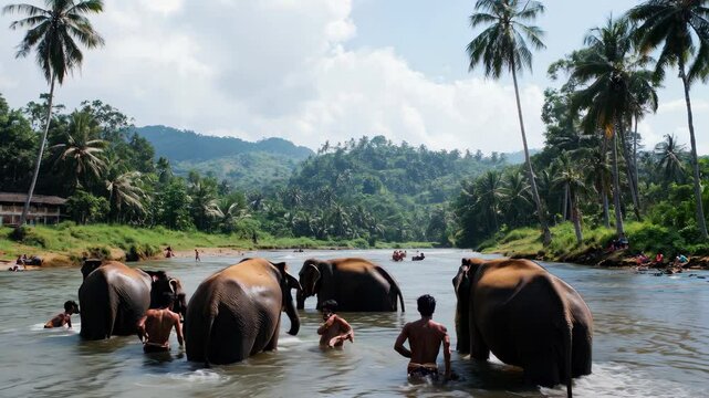 Elephants enjoying a refreshing bath in the Maha Oya river at Pinnawala Sri Lanka, Bathing elephants in river Maha Oya in Pinnawala Sri Lanka