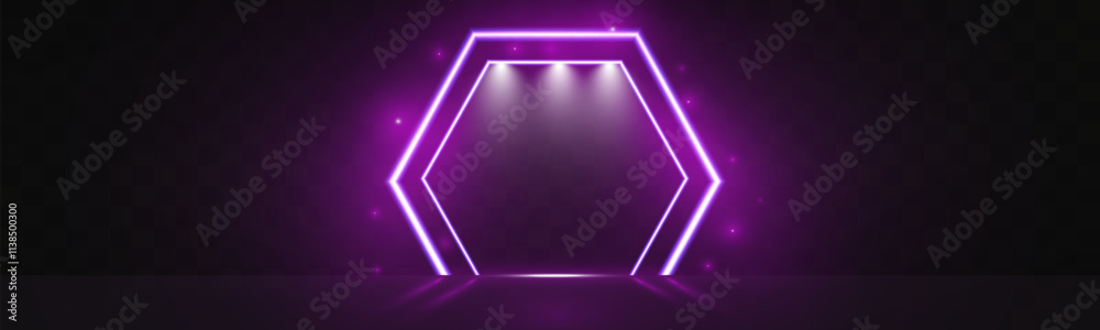 Aufkleber futuristic minimal purple neon light hexagon frame background template with glowing lines on dark tr