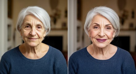 Transformation of mature caucasian female skin before and after makeup application