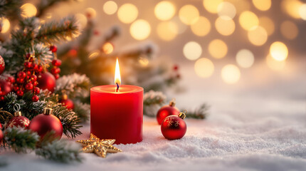 Red Christmas Candle with Festive Ornaments on Snow