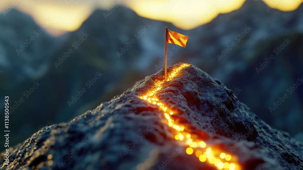 Poster a small flag on top of a mountain with scenic landscape view