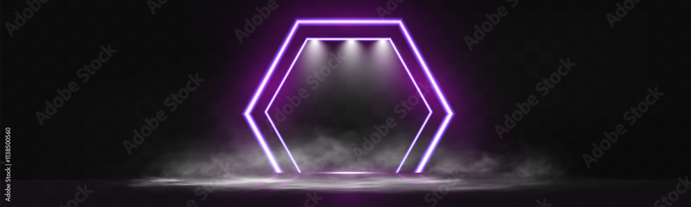 Poster futuristic minimal purple neon light hexagon frame background template with glowing lines on dark tr