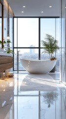 Fototapeta premium Modern Minimalist Bathroom with Scenic View Featuring a Freestanding Bathtub and Natural Elements in a Bright, Airy Atmosphere