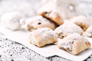 Stollen Bites on bright background. Soft focus. Close up.