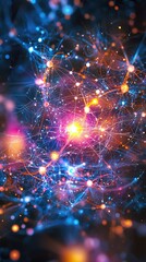 Abstract Colorful Representation of Neural Connections with Glowing Particles and Network Patterns in a Futuristic and Cosmic Aesthetic