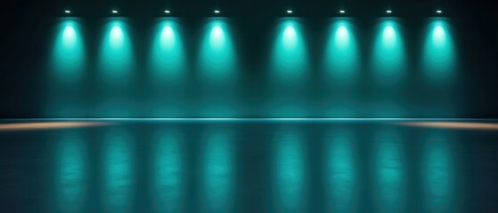 A modern studio space with teal lighting and a reflective floor surface.