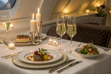 Fototapeta premium Elegant in-flight dining experience with gourmet dishes, candles, and champagne, set against a luxurious backdrop.