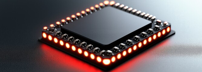 Obraz premium A futuristic glowing microchip with red lights arranged symmetrically on a black metallic surface, symbolizing advanced digital innovation and technology in engineering