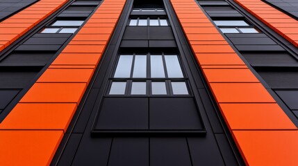 Modern Architecture:  A low-angle perspective of a contemporary building, featuring a striking contrast between black and vibrant orange panels.