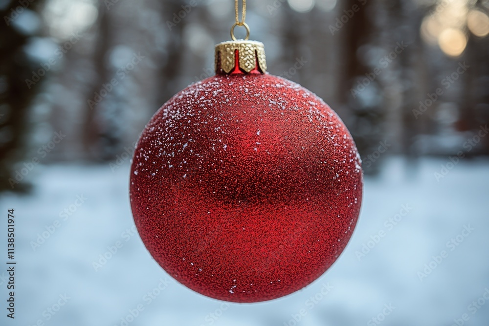 Aufkleber a bright red ornament hangs from a tree branch covered in snow