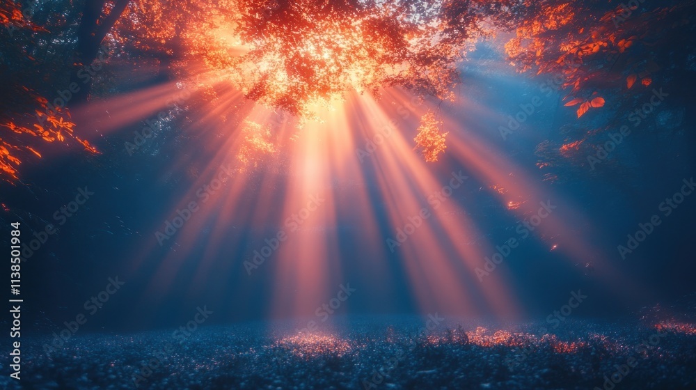 Aufkleber serene forest scene with sunlight filtering through trees, creating a tranquil atmosphere.