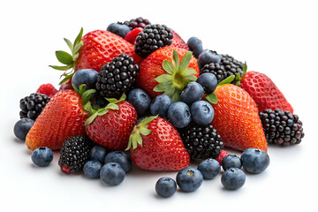 A vibrant assortment of fresh berries, including strawberries, blueberries, and blackberries, piled together against a clean background.