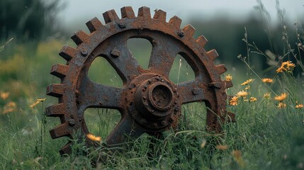 Rusty Gear Wheel Amidst Wildflowers in an Overgrown Field Evokes Nature's Balance Between Industry and Environment with a Touch of Nostalgia
