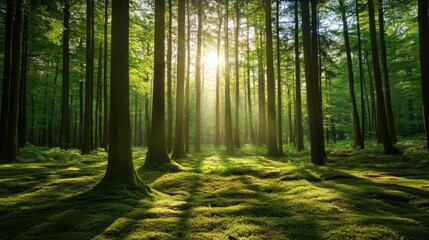 Obraz premium Serene forest scene with sunlight filtering through tall trees, illuminating lush greenery.