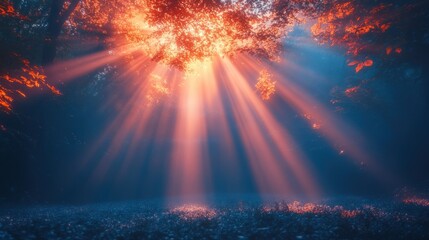 Serene forest scene with sunlight filtering through trees, creating a tranquil atmosphere.