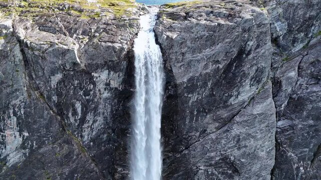 Aerial shot of Mardalsfossen in Norway. Big waterfall in Norway. 4K.