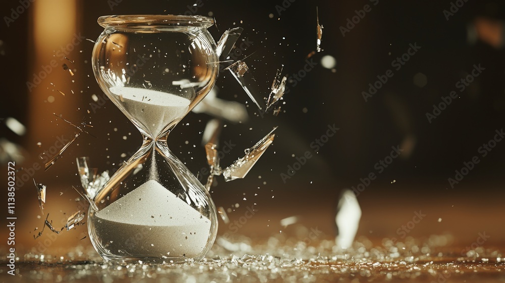 Poster Shattering time an hourglass fragmented floating sand indoor setting macro perspective concept of transience