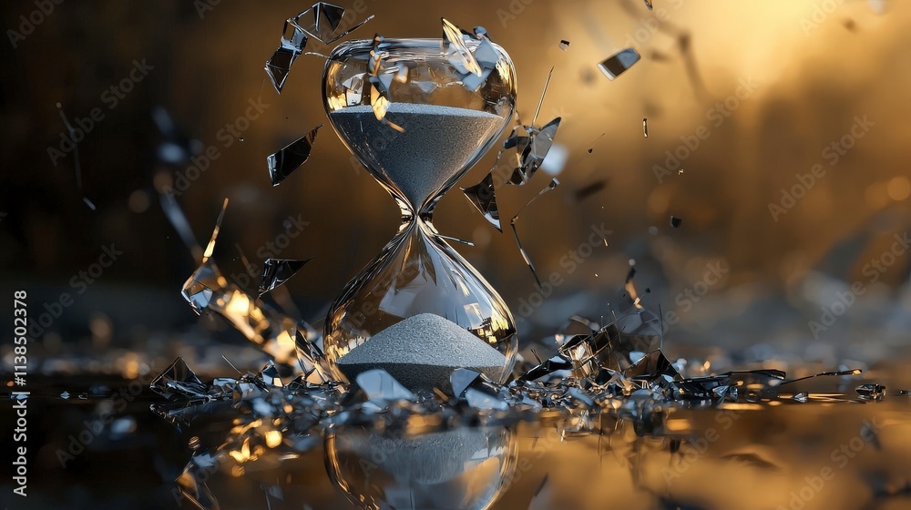 Poster Shattered hourglass capturing time's essence abstract art surreal environment close-up view conceptual reflection