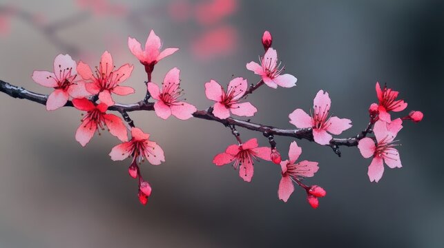 A close-up shot of a tree branch featuring pink flowers