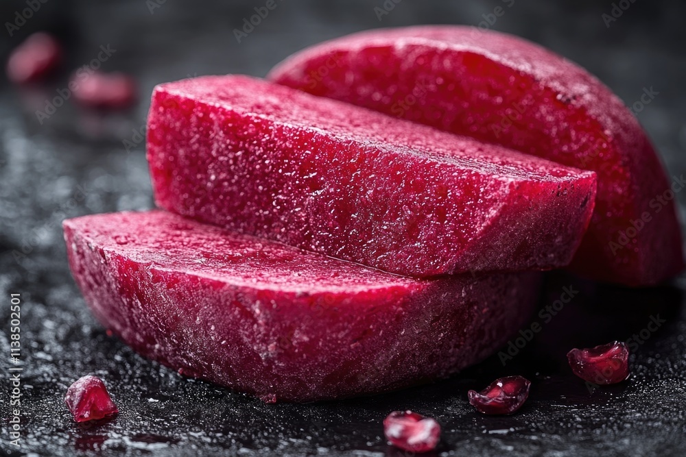 Poster a close-up shot of a sliced beet on a table, ideal for use in food photography or as a prop in still