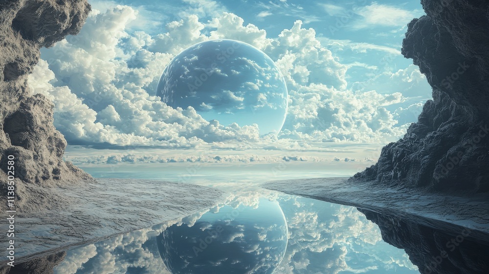 Poster dreamlike digital art a surreal landscape of clouds and reflections in an ethereal environment