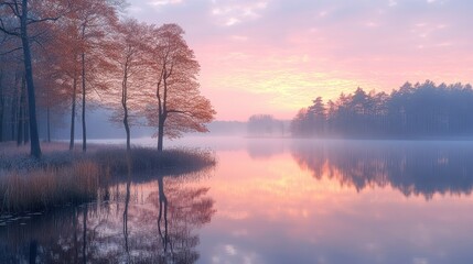 Serene lake at dawn, surrounded by trees and mist, reflecting soft colors of sunrise.