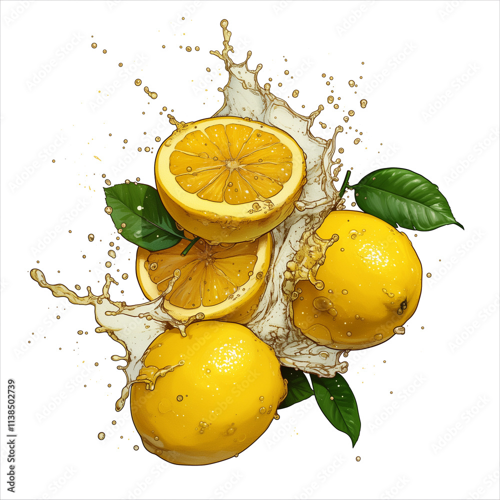 Aufkleber bright yellow lemons with green leaves are splashed with juice, creating dynamic and refreshing citr
