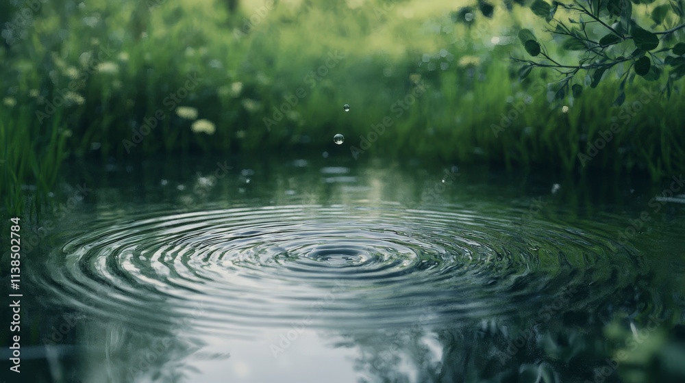 Poster droplet expansion creating ripples in a serene pond nature photography tranquil environment close-up