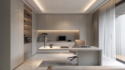 Modern minimalist home office with built-in desk, shelving, and large window.