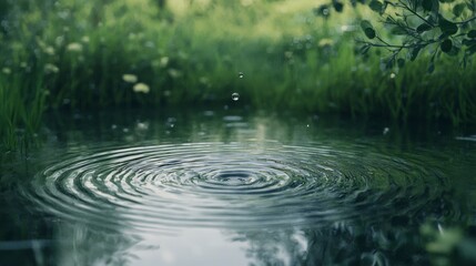 Droplet expansion creating ripples in a serene pond nature photography tranquil environment close-up view