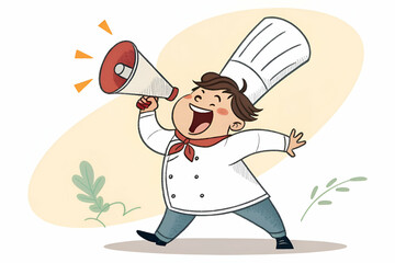 A cheerful chef in a white uniform enthusiastically announces with a megaphone, embodying joy and passion for cooking.