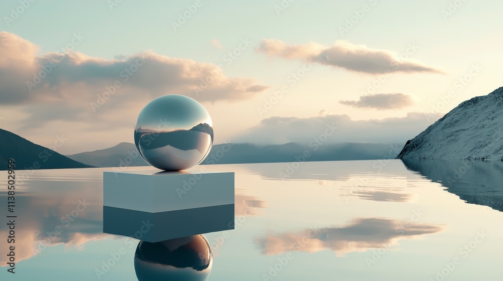 Poster Surreal fusion of cube and sphere tranquil lake 3d art serene landscape wide-angle view abstract concept
