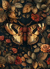Fototapeta premium Colorful Butterfly Among Floral Leaves and Roses