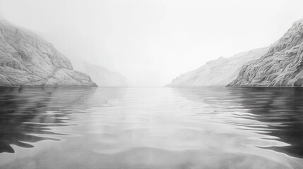 Serene black and white landscape photo of a calm fjord between snow-covered mountains on a foggy day.