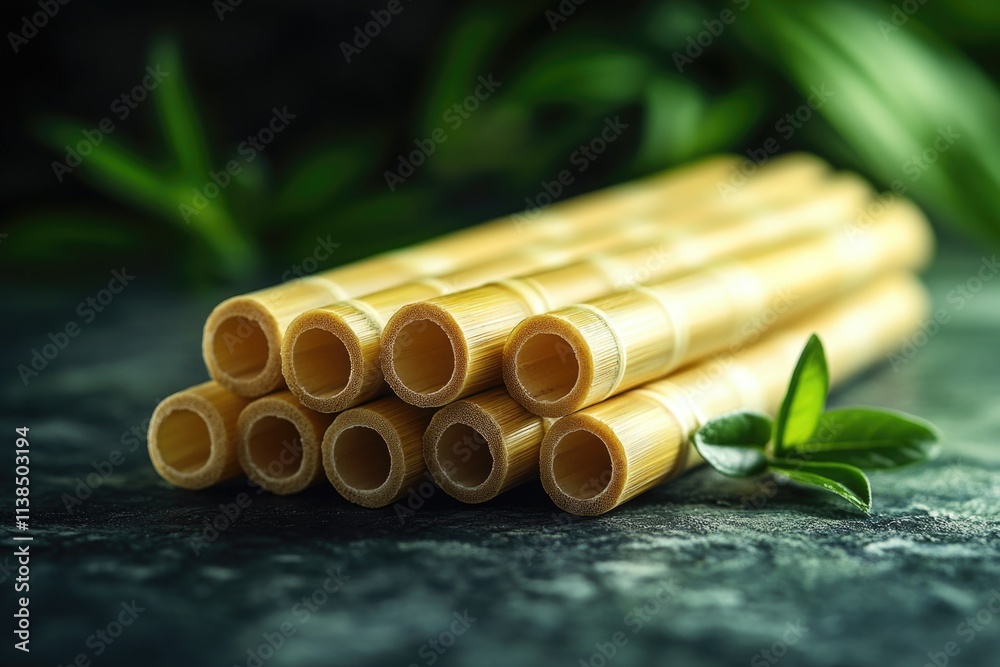 Poster a collection of bamboo sticks with leaves arranged on a table