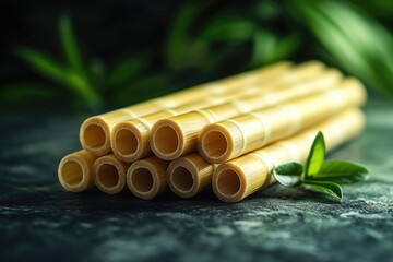 A collection of bamboo sticks with leaves arranged on a table