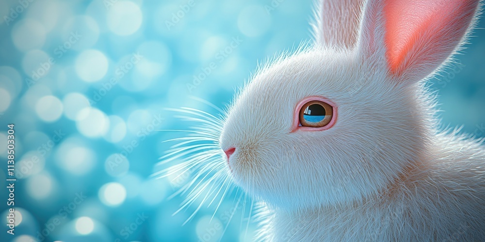 Poster close-up image of a white rabbit sitting on a blue background