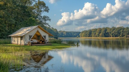 Obraz premium Serene lakeside glamping tent surrounded by lush greenery and calm waters.