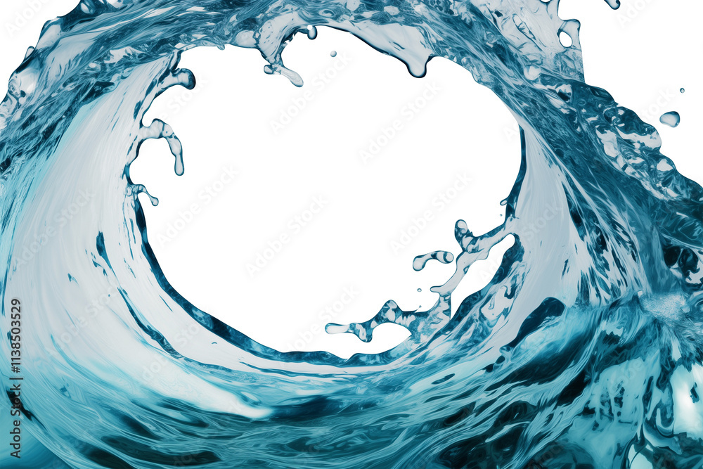Poster dynamic splash of clear spring water forms circular frame against white background, capturing fluid motion and refreshing essence of water