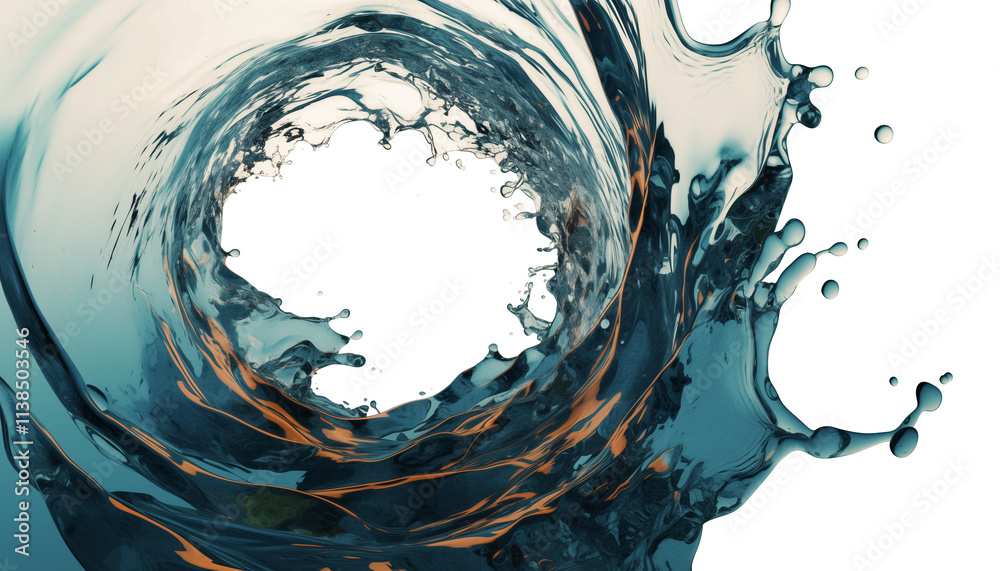 Poster dynamic whirlpool effect with swirling water and splashes isolated on white background, creating sen
