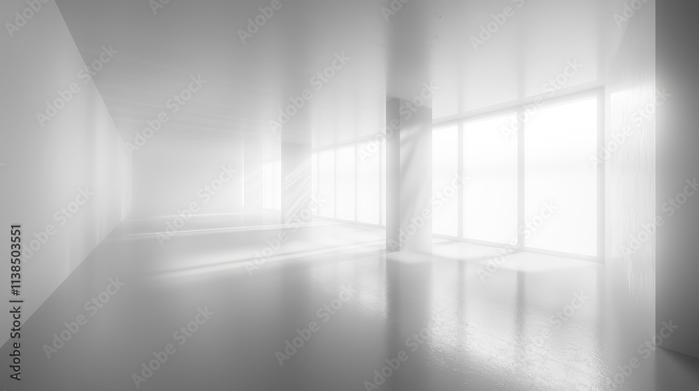 Poster abstract symbolic journey through a vast empty white space modern art gallery minimalist environment