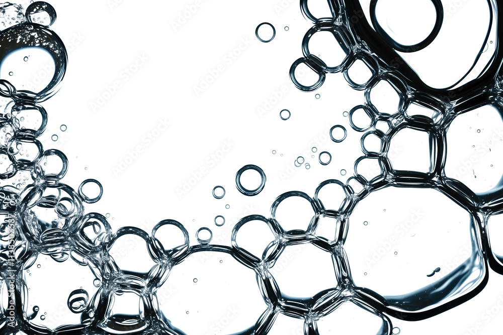 Aufkleber Transparent bubbles form intricate frame against white background, creating delicate and airy design. bubbles vary in size, adding depth and texture to composition