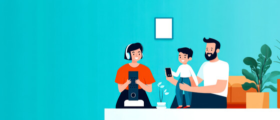 A colorful illustration of a family enjoying technology together, featuring a man, a child, and a person with headphones, all in a modern living space.