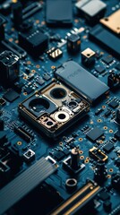 Fototapeta premium Close-Up of Modern Circuit Board with Intricate Details of Electronic Components and Connections, Showcasing Technology and Innovation in Digital Devices