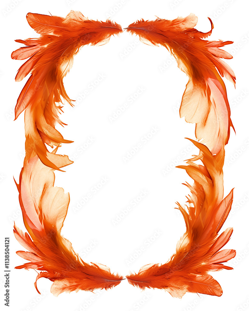 Poster Vibrant orange feather photo frame with intricate details, isolated on white background, creating warm and inviting atmosphere. Perfect for adding touch of elegance to any image